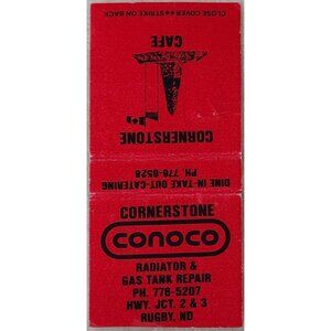 Vintage Matchbook Cover Cornerstone Cafe Conoco Rugby ND North Dakota Bobtail